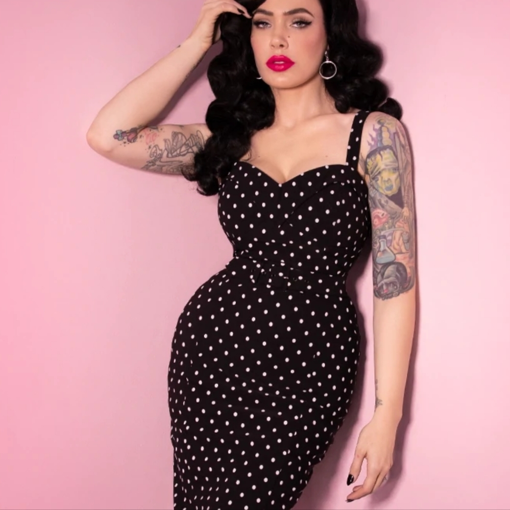 Vixen by Micheline Pitt Black and White Polka Dot Waist Belt with Bow